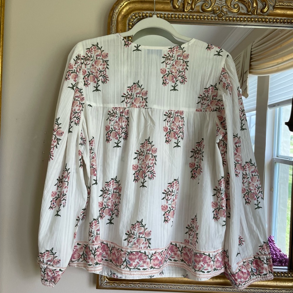 Calypso St. Barth White Blouse with Pink Floral Motif and Tassel Tie - Picture 5 of 8